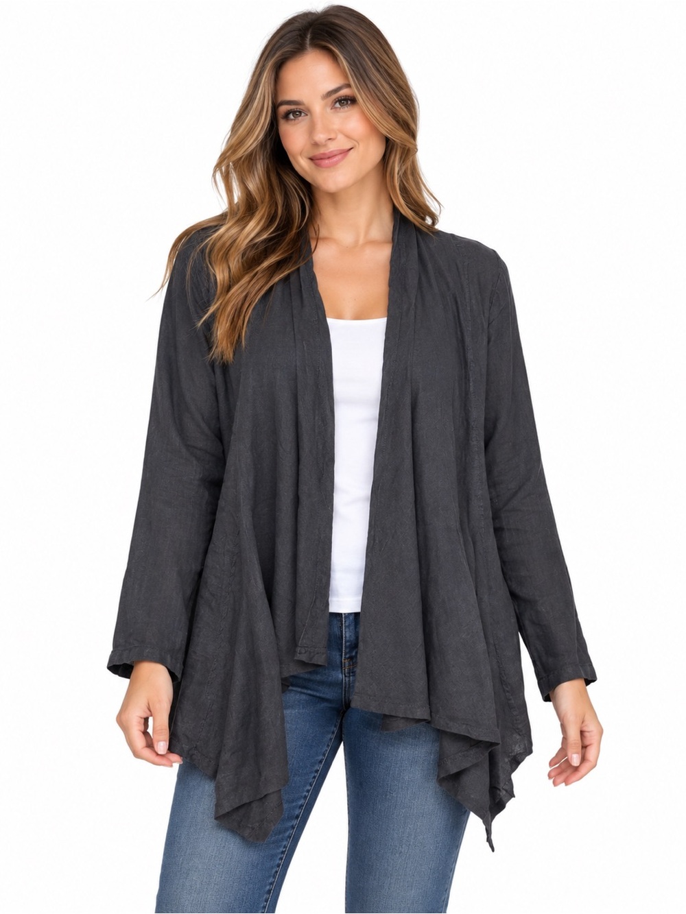 Tempo Paris Linen Cardigan XL Womens Blue Open Front Jacket Lagenlook Adjustable